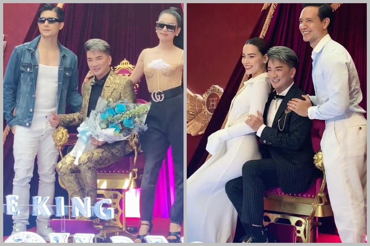 Hà Hồ sánh đôi cùng Kim Lý trong khi Lệ Quyên tay trong tay với tình trẻ đến chúc mừng đàn anh. Ảnh: Internet.