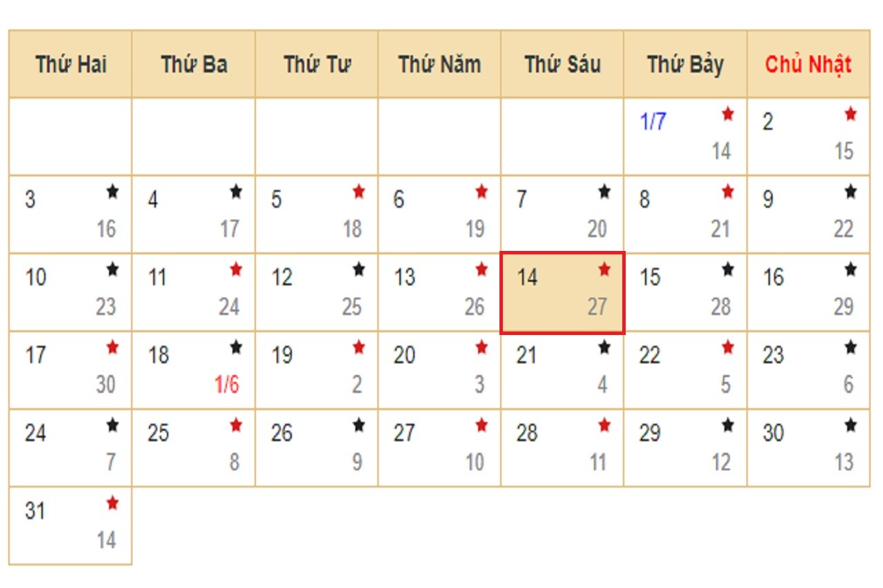 Lịch âm 14/7 - Xem lịch âm hôm nay 14/7/2023.