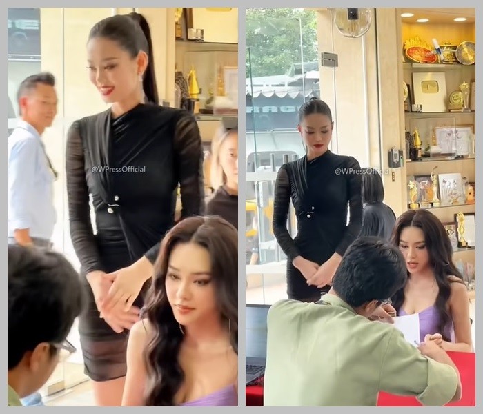 Bùi Khánh Linh (váy đen) - Top 5 Miss World Vietnam 2023 khá lép vế khi chung khung hình với Hồng Hạnh. Ảnh chụp màn hình Bùi Khánh Linh (váy đen) - Top 5 Miss World Vietnam 2023 khá lép vế khi chung khung hình với Hồng Hạnh. Ảnh chụp màn hình