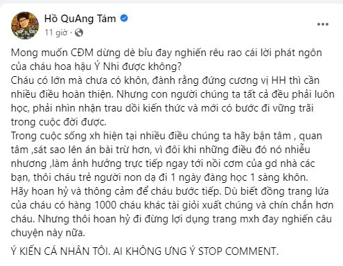 Bài đăng của ca sĩ Hồ Quang Tám. Ảnh chụp màn hình.