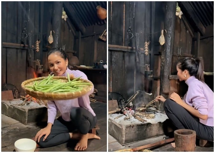 Khi rảnh rỗi cô về quê ở nhà sàn, tự vào bếp nấu nướng. 