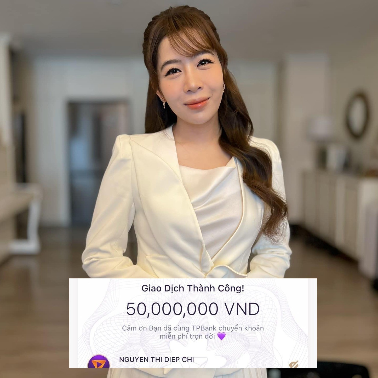 MC Diệp Chi ủng hộ 50 triệu đồng.