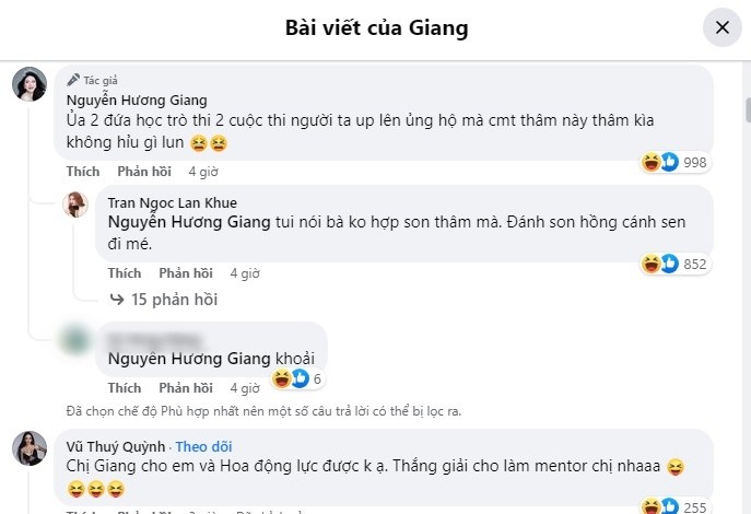 Phản hồi của Hương Giang khi bị nói 'thâm'. Ảnh chụp màn hình. Phản hồi của Hương Giang khi bị nói 'thâm'. Ảnh chụp màn hình.