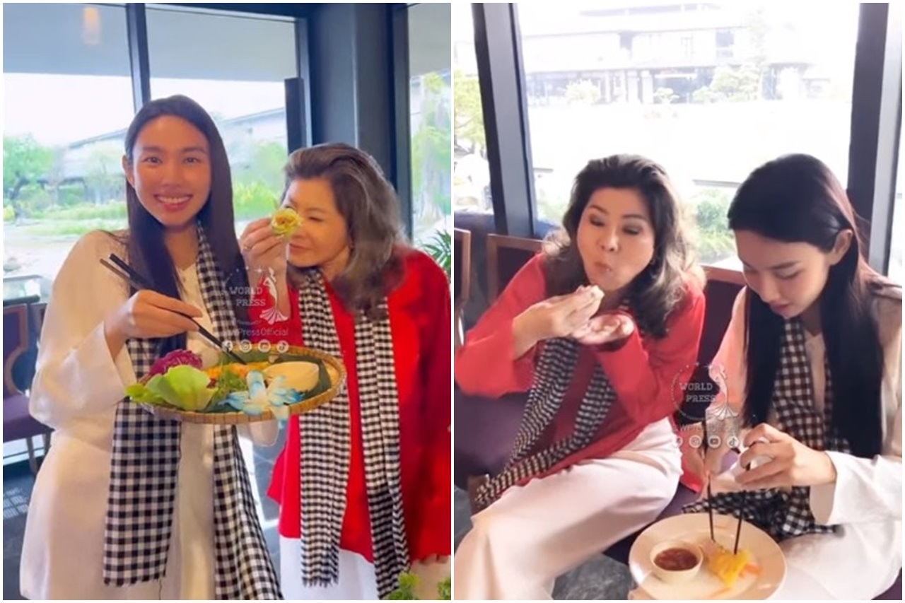 Thùy Tiên vui vẻ trò chuyện với bà Teresa. Ảnh: chụp màn hình.