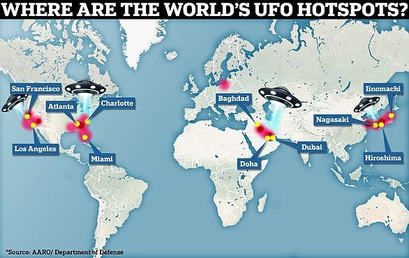 Bản đồ tiết lộ nơi ghi nhận nhiều trường hợp nhìn thấy UFO nhất dựa trên các báo cáo từ năm 1996 đến năm 2023 - chỉ định Nhật Bản và bờ biển của Hoa Kỳ là các điểm nóng. Bản đồ tiết lộ nơi ghi nhận nhiều trường hợp nhìn thấy UFO nhất dựa trên các báo cáo từ năm 1996 đến năm 2023 - chỉ định Nhật Bản và bờ biển của Hoa Kỳ là các điểm nóng.