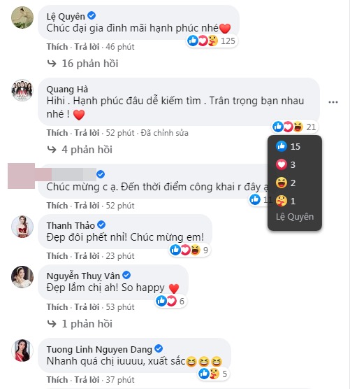 Lệ Quyên thả icon yêu thương dưới lời chúc phúc của người hâm mộ. Ảnh chụp màn hình