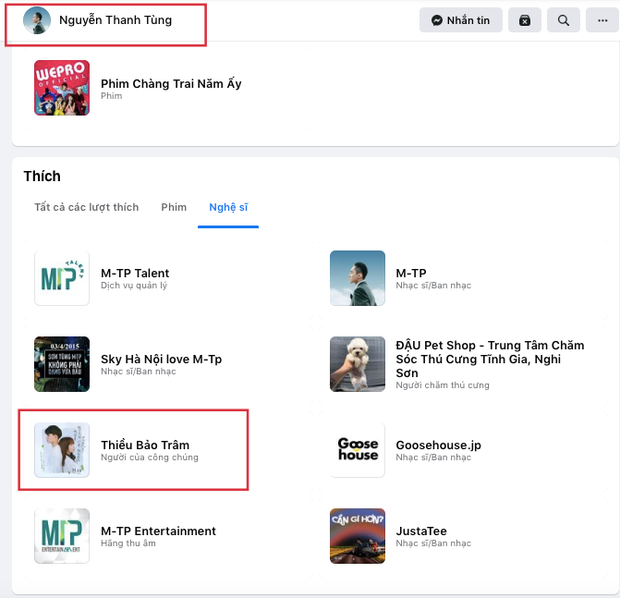 Trên trang của Sơn Tùng ở Facebook vẫn theo dõi page của Thiều Bảo Trâm khiến nhiều người chú ý. Ảnh chụp màn hình Trên trang của Sơn Tùng ở Facebook vẫn theo dõi page của Thiều Bảo Trâm khiến nhiều người chú ý. Ảnh chụp màn hình