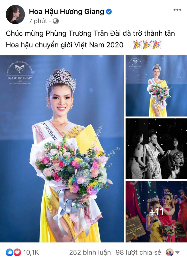 Hương Giang đăng chúc mừng Trân Đài. Ảnh chụp màn hình