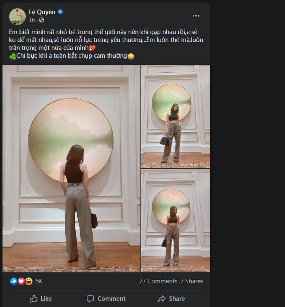 Lệ Quyên chia sẻ hình ảnh cùng lời nhắn ngọt ngào trên trang cá nhân. Ảnh chụp màn hình.