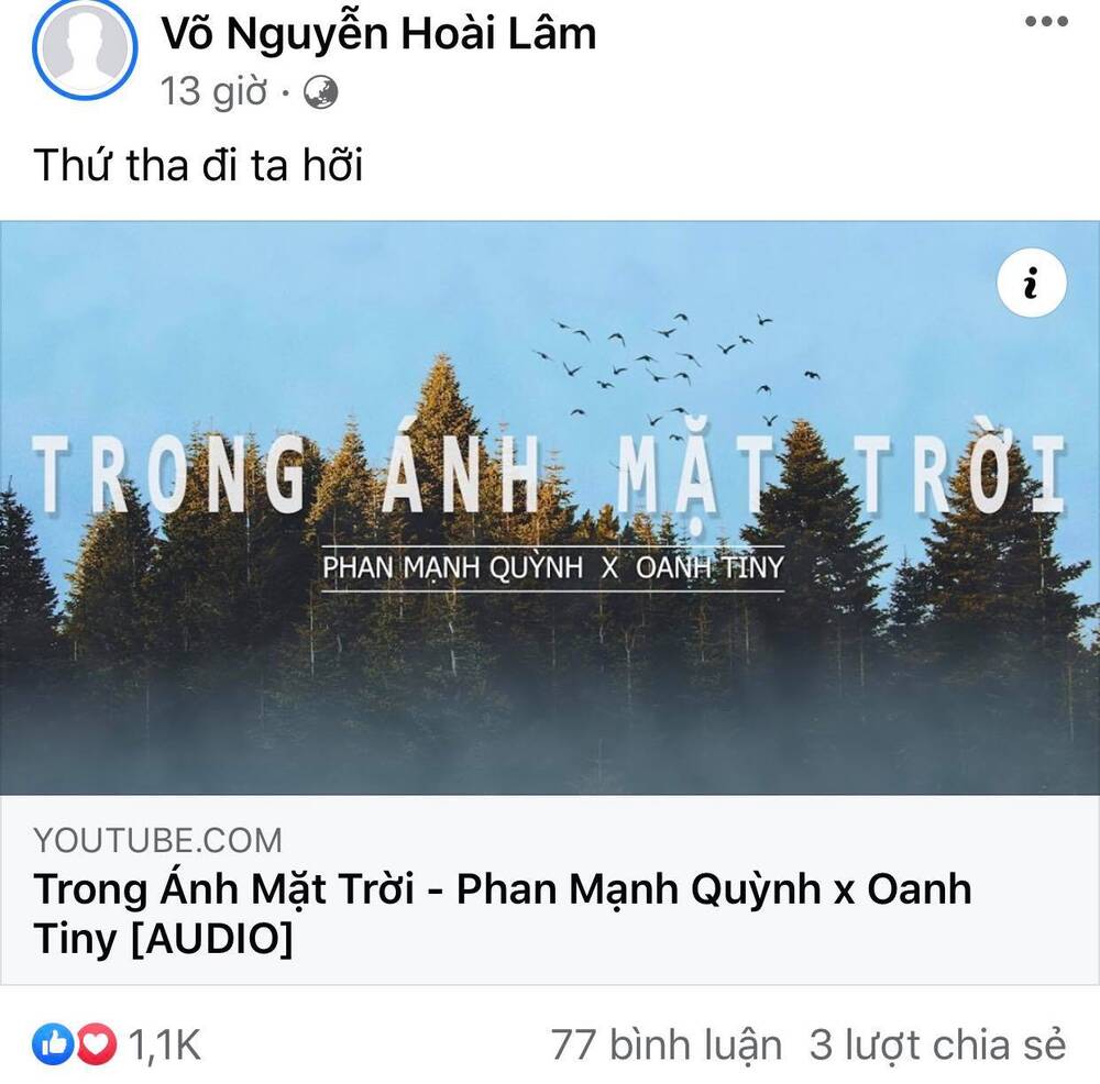 Hoài Lâm chia sẻ dòng đầy ẩn ý. Ảnh chụp màn hình