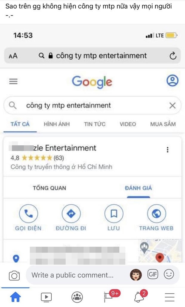 Công ty của Sơn Tùng không tìm thấy trên Google. Ảnh chụp màn hình.