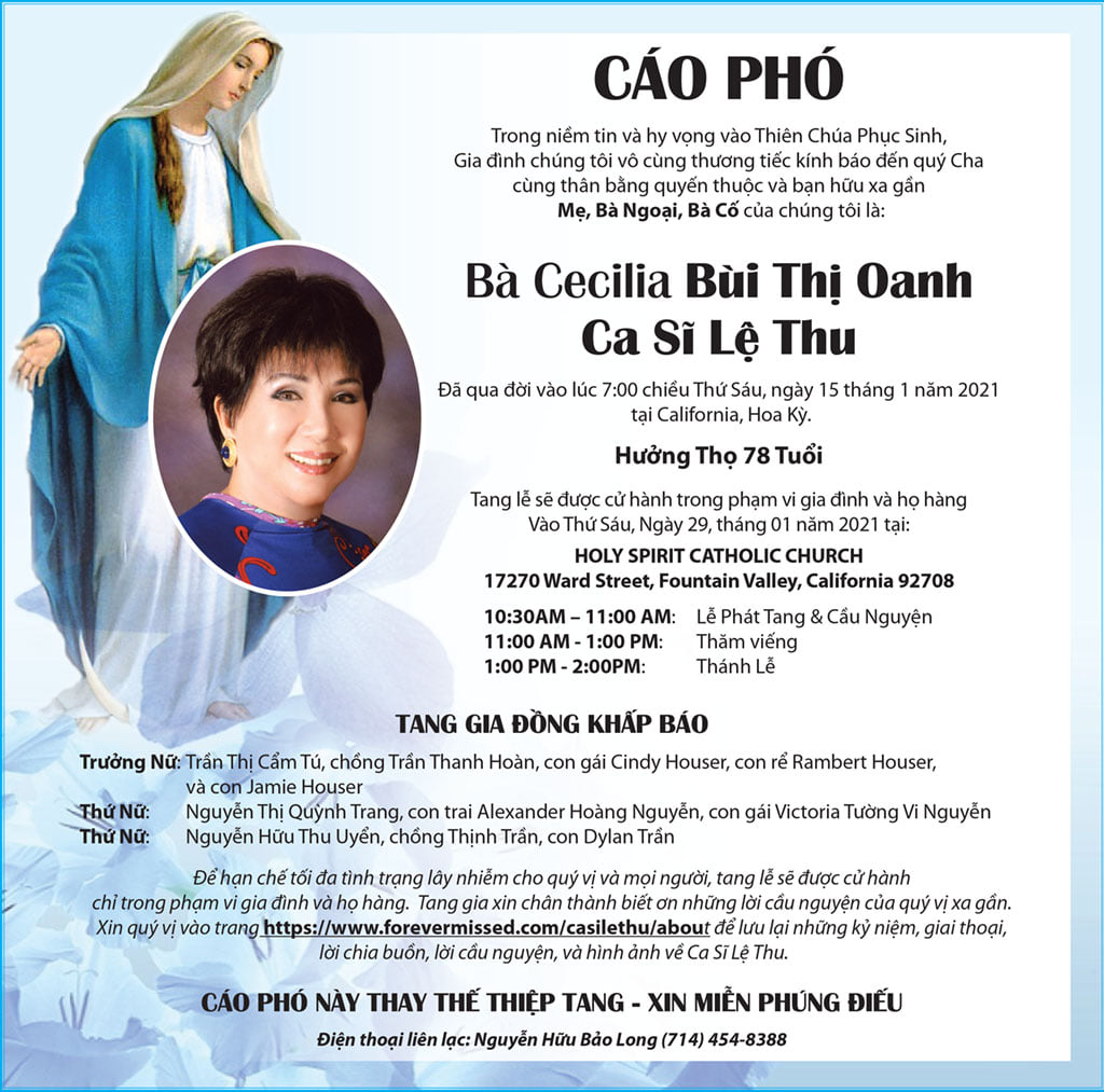 Cáo phó của danh ca Lệ Thu.