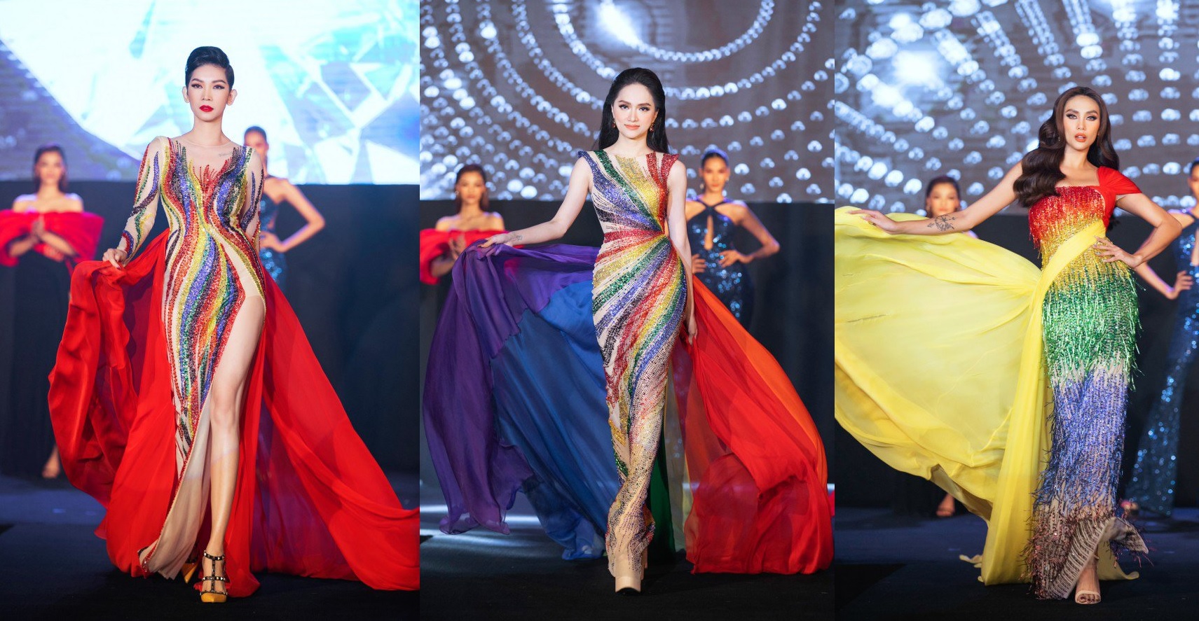 Hương Giang, Xuân Lan, Võ Hoàng Yến lộng lẫy trong đêm diễn. Hương Giang, Xuân Lan, Võ Hoàng Yến lộng lẫy trong đêm diễn.