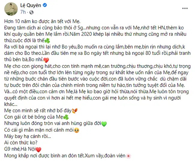Dòng chia sẻ của Lệ Quyên trên trang cá nhân. Ảnh chụp màn hình, Dòng chia sẻ của Lệ Quyên trên trang cá nhân. Ảnh chụp màn hình,