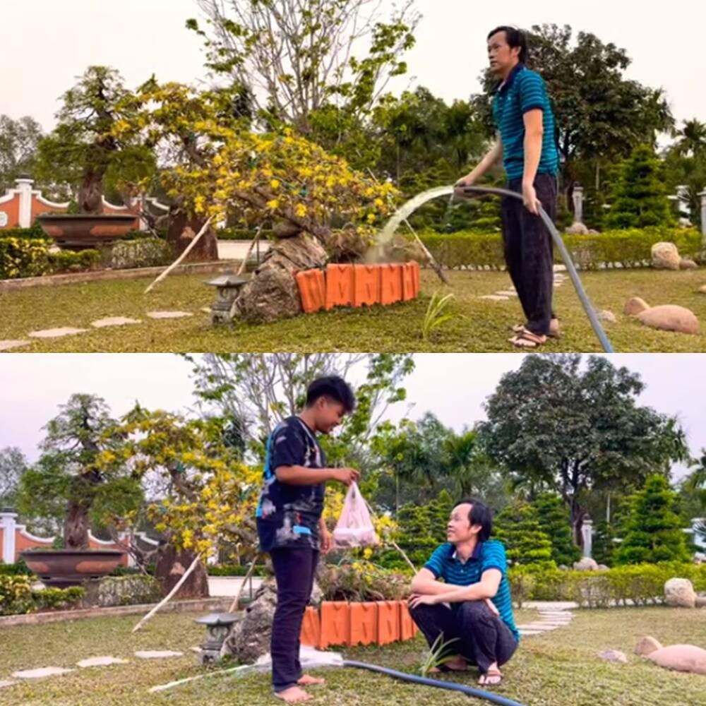 Clip Hoài Linh và con trai ăn mừng kênh Youtube bằng 2 hộp súp. Ảnh cắt từ clip.