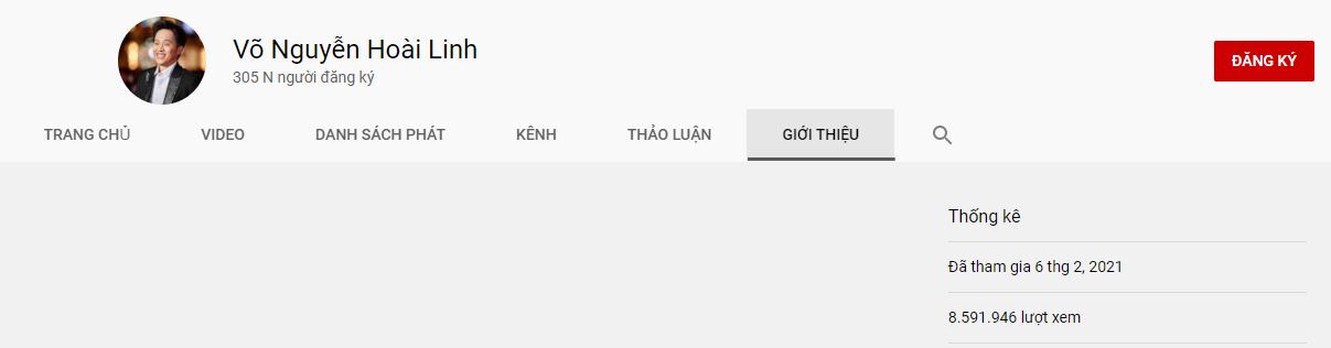 Kênh Youtube của Hoài Linh mới lập cũng đã nhận được hơn 300 nghìn người đăng ký. Ảnh chụp màn hình