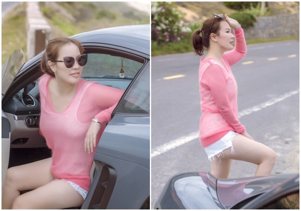 Trang phục năng động kết hợp giữa trắng và hồng ngọt ngào của bà xã Quý Bình. Ảnh FBNV