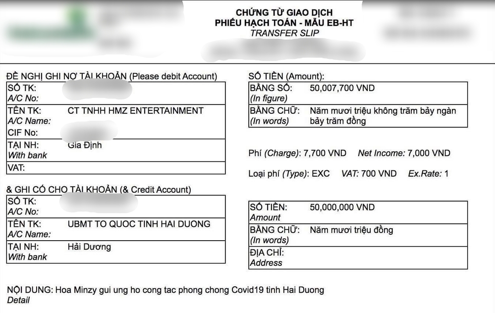 Nữ ca sĩ còn chụp cụ thể hóa đơn chuyển tiền. Ảnh FBNV Nữ ca sĩ còn chụp cụ thể hóa đơn chuyển tiền. Ảnh FBNV