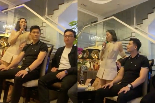 Cả hai không rời nhau dù Lệ Quyên đang hát karaoke.