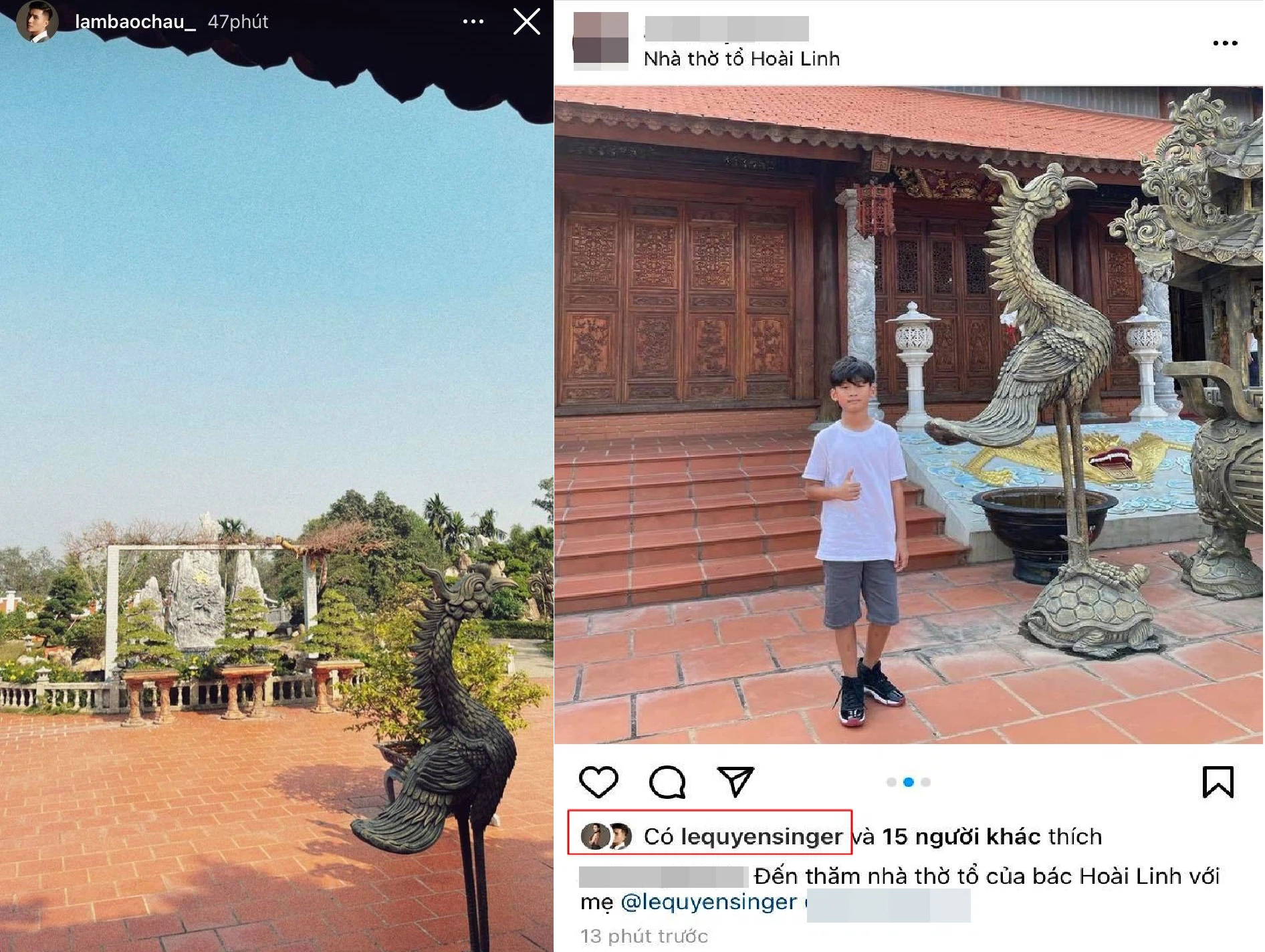 Trước đó, con trai Lệ Quyên cũng cùng mẹ đi với Lâm Bảo Châu đến nhà thờ tổ của Hoài Linh. Ảnh chụp màn hình.