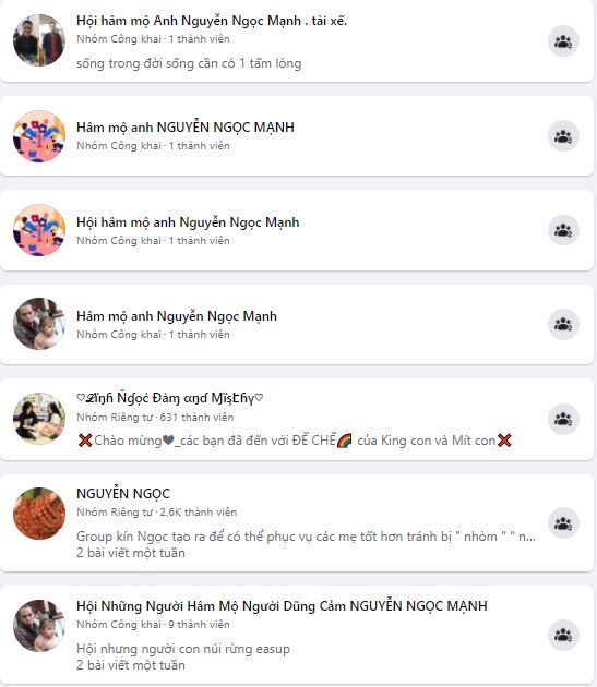 Những hội nhóm được lập ra 'hâm mộ' Nguyễn Ngọc Mạnh. Ảnh chụp màn hình. Những hội nhóm được lập ra 'hâm mộ' Nguyễn Ngọc Mạnh. Ảnh chụp màn hình.