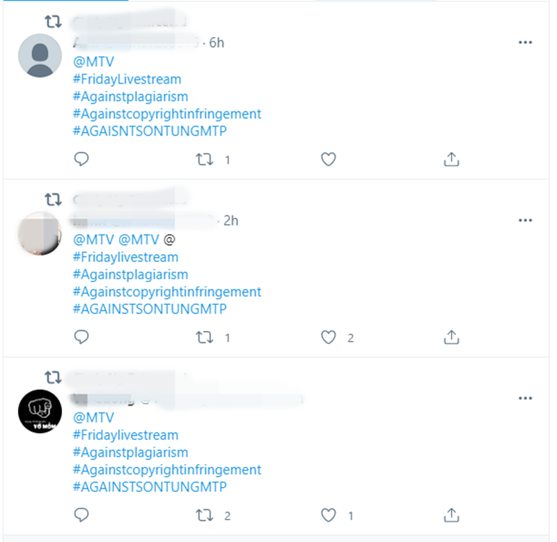 Trên mạng xã hội Twitter xuất hiện dày đặc những hashtag tiêu cực liên quan đến Sơn Tùng M-TP. Ảnh chụp màn hình Trên mạng xã hội Twitter xuất hiện dày đặc những hashtag tiêu cực liên quan đến Sơn Tùng M-TP. Ảnh chụp màn hình
