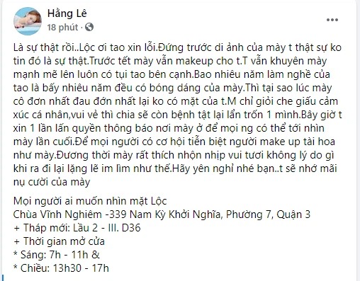 Minh Hằng chia sẻ nỗi xót xa sau khi biết tin Phan Minh Lộc qua đời. Ảnh chụp màn hình