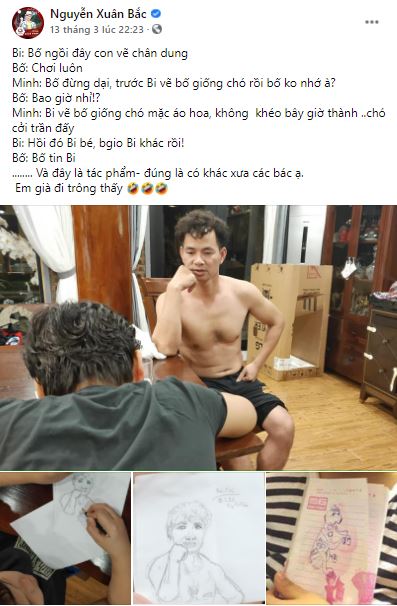 Xuân Bắc chia sẻ hình ảnh được con trai vẽ chân dung. Ảnh chụp màn hình