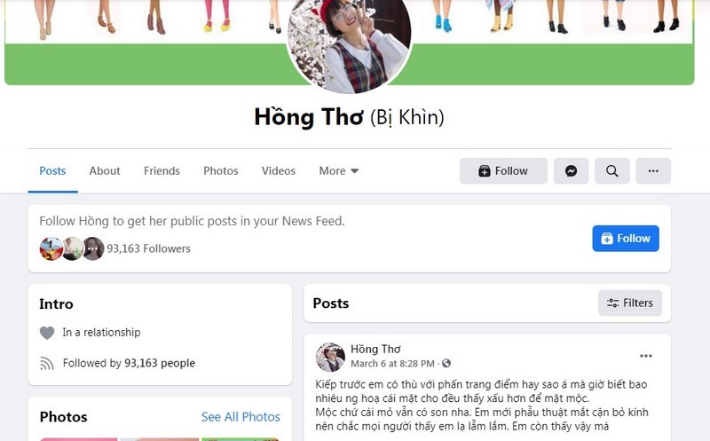 Facebook Hồng Thơ vẫn đang giữ các bài đăng trước khi lùm xùm xảy ra. Ảnh chụp màn hình Facebook Hồng Thơ vẫn đang giữ các bài đăng trước khi lùm xùm xảy ra. Ảnh chụp màn hình