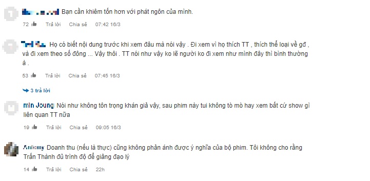 Những bình luận của dân mạng trước phát ngôn của Trấn Thành. Ảnh chụp màn hình Những bình luận của dân mạng trước phát ngôn của Trấn Thành. Ảnh chụp màn hình