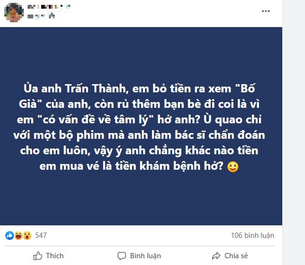 Khán giả tức giận khi Trấn Thành phát ngôn xem Bố già là người có vấn đề về tâm lý. Ảnh internet Khán giả tức giận khi Trấn Thành phát ngôn xem Bố già là người có vấn đề về tâm lý. Ảnh internet