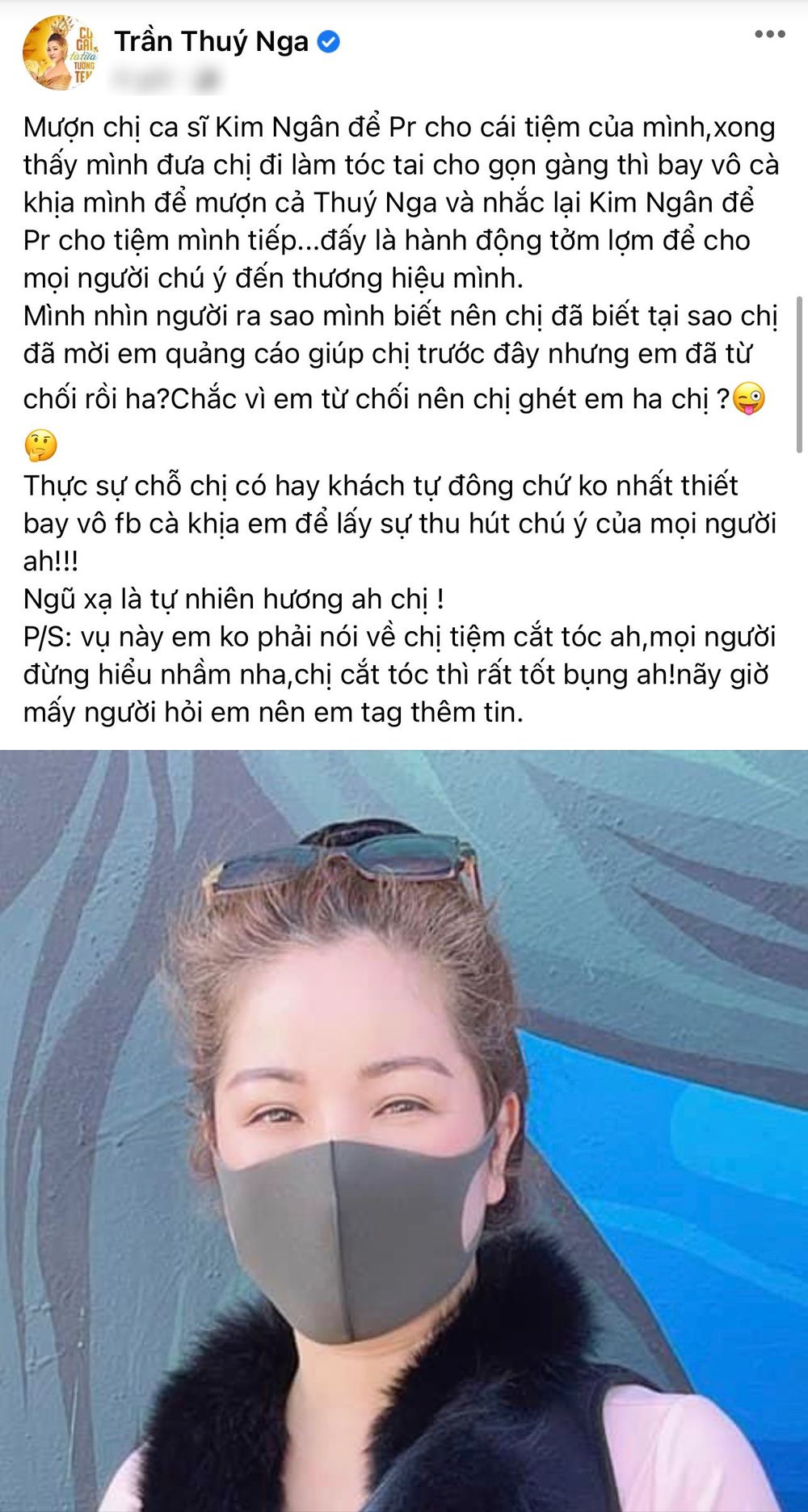 Thúy Nga bức xúc trên trang cá nhân. Ảnh internet Thúy Nga bức xúc trên trang cá nhân. Ảnh internet