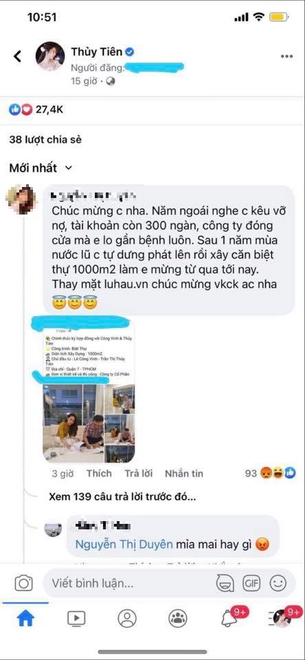 Thủy Tiên còn công khai người đã chỉ trích cô. Ảnh FBNV