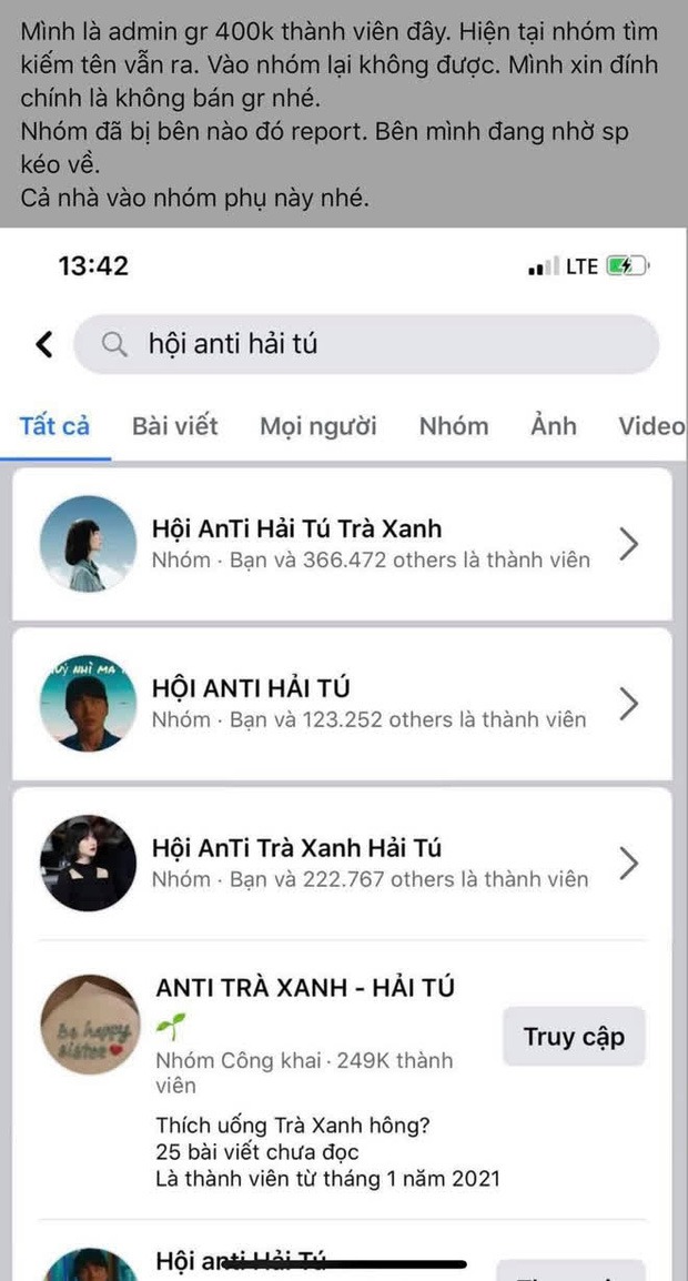 Nhiều hội nhóm anti-fan Hải Tú xuất hiện. Ảnh chụp màn hình. Nhiều hội nhóm anti-fan Hải Tú xuất hiện. Ảnh chụp màn hình.