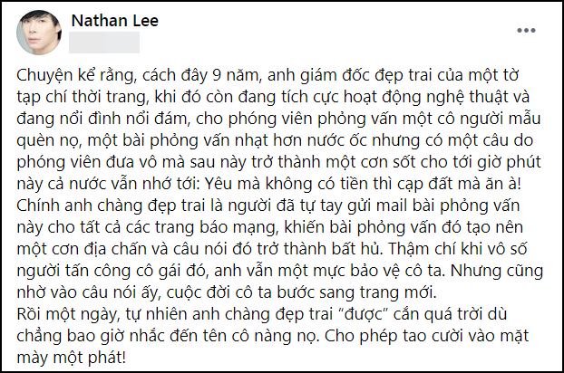 Nathan Lee đăng dòng trạng thái chỉ đích danh Ngọc Trinh. Ảnh chụp màn hình Nathan Lee đăng dòng trạng thái chỉ đích danh Ngọc Trinh. Ảnh chụp màn hình
