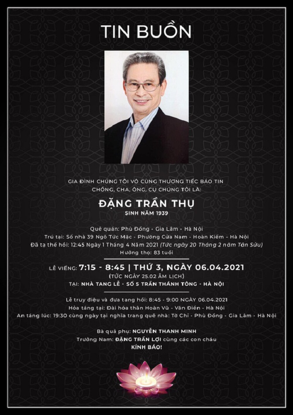 Bản cáo phó được gửi đi từ gia đình cố nghệ sĩ Trần Thụ. Ảnh internet Bản cáo phó được gửi đi từ gia đình cố nghệ sĩ Trần Thụ. Ảnh internet