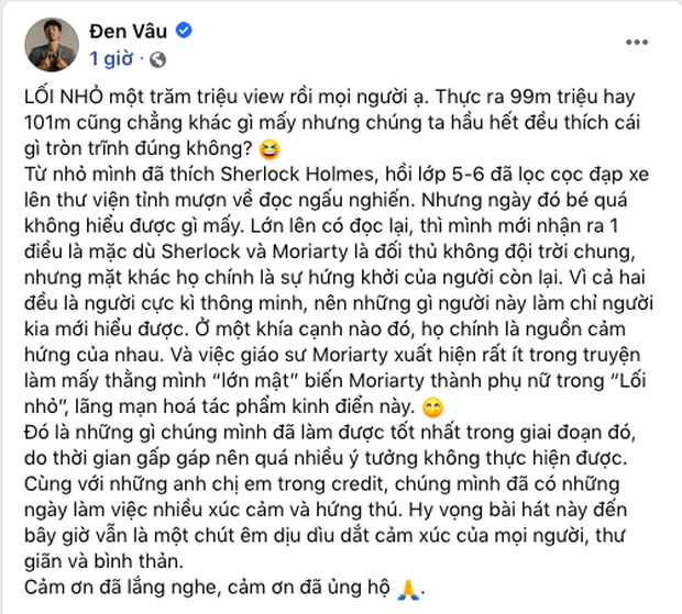 Đen Vâu chia sẻ niềm vui trên trang cá nhân. Ảnh chụp màn hình. Đen Vâu chia sẻ niềm vui trên trang cá nhân. Ảnh chụp màn hình.