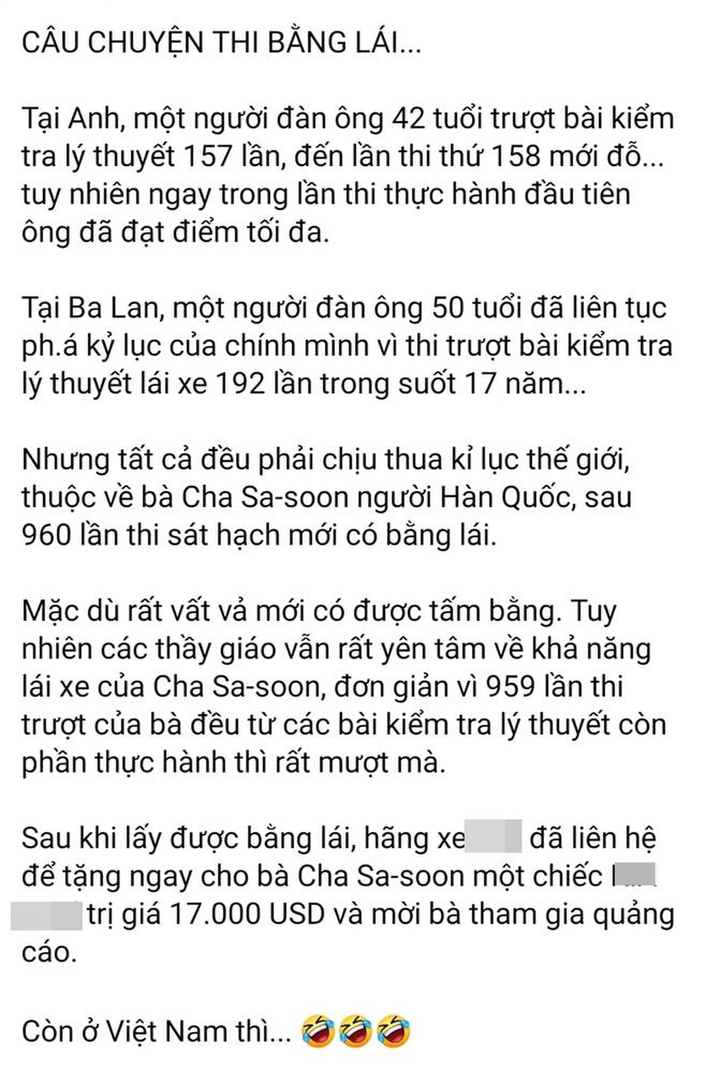 Một câu chuyện về thi bằng lái xe lan truyền trên mạng xã hội. Ảnh chụp màn hình. Một câu chuyện về thi bằng lái xe lan truyền trên mạng xã hội. Ảnh chụp màn hình.