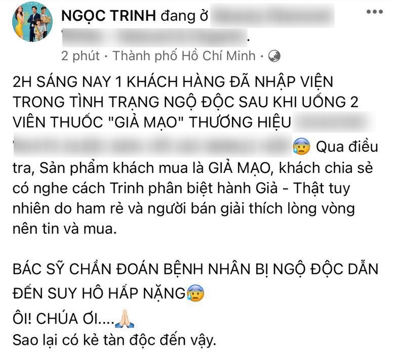 Phía Ngọc Trinh đã lên tiếng cảnh báo khi khách hàng dùng sản phẩm giả mạo của công ty cô và bị ngộ độc. Ảnh internet