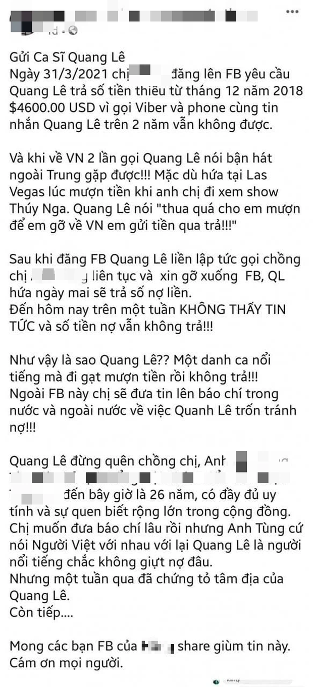 Bài đăng tố Quang Lê nợ tiền chưa trả. Ảnh chụp màn hình. Bài đăng tố Quang Lê nợ tiền chưa trả. Ảnh chụp màn hình.