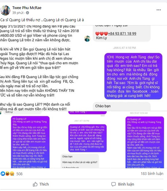 Người tự nhận là chủ nợ đính kèm tin nhắn liên lạc với Quang Lê. Ảnh chụp màn hình Người tự nhận là chủ nợ đính kèm tin nhắn liên lạc với Quang Lê. Ảnh chụp màn hình