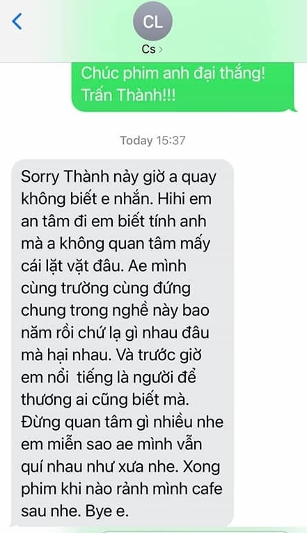 Tin nhắn giữa Trấn Thành và Lý Hải. Ảnh internet Tin nhắn giữa Trấn Thành và Lý Hải. Ảnh internet