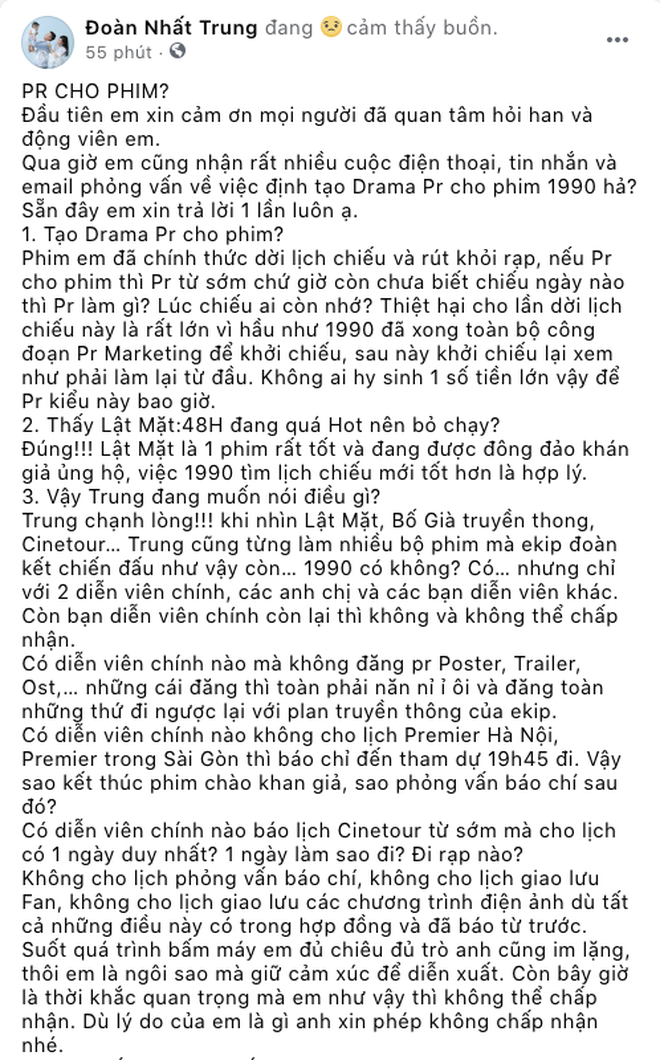 Bài đăng của dạo diễn Nhất Trung chia sẻ trên mạng xã hội. Ảnh internet Bài đăng của dạo diễn Nhất Trung chia sẻ trên mạng xã hội. Ảnh internet