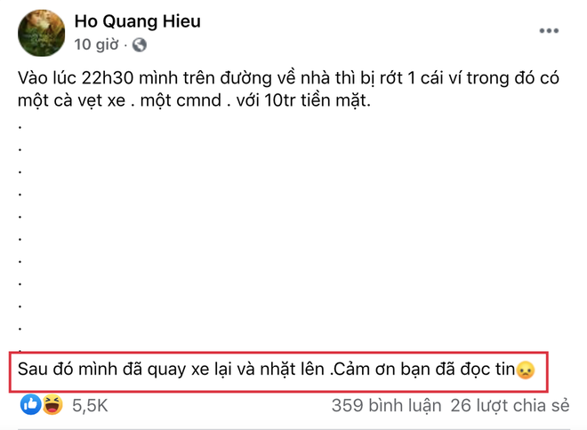 Bài đăng của Hồ Quang Hiếu. Ảnh chụp màn hình Bài đăng của Hồ Quang Hiếu. Ảnh chụp màn hình