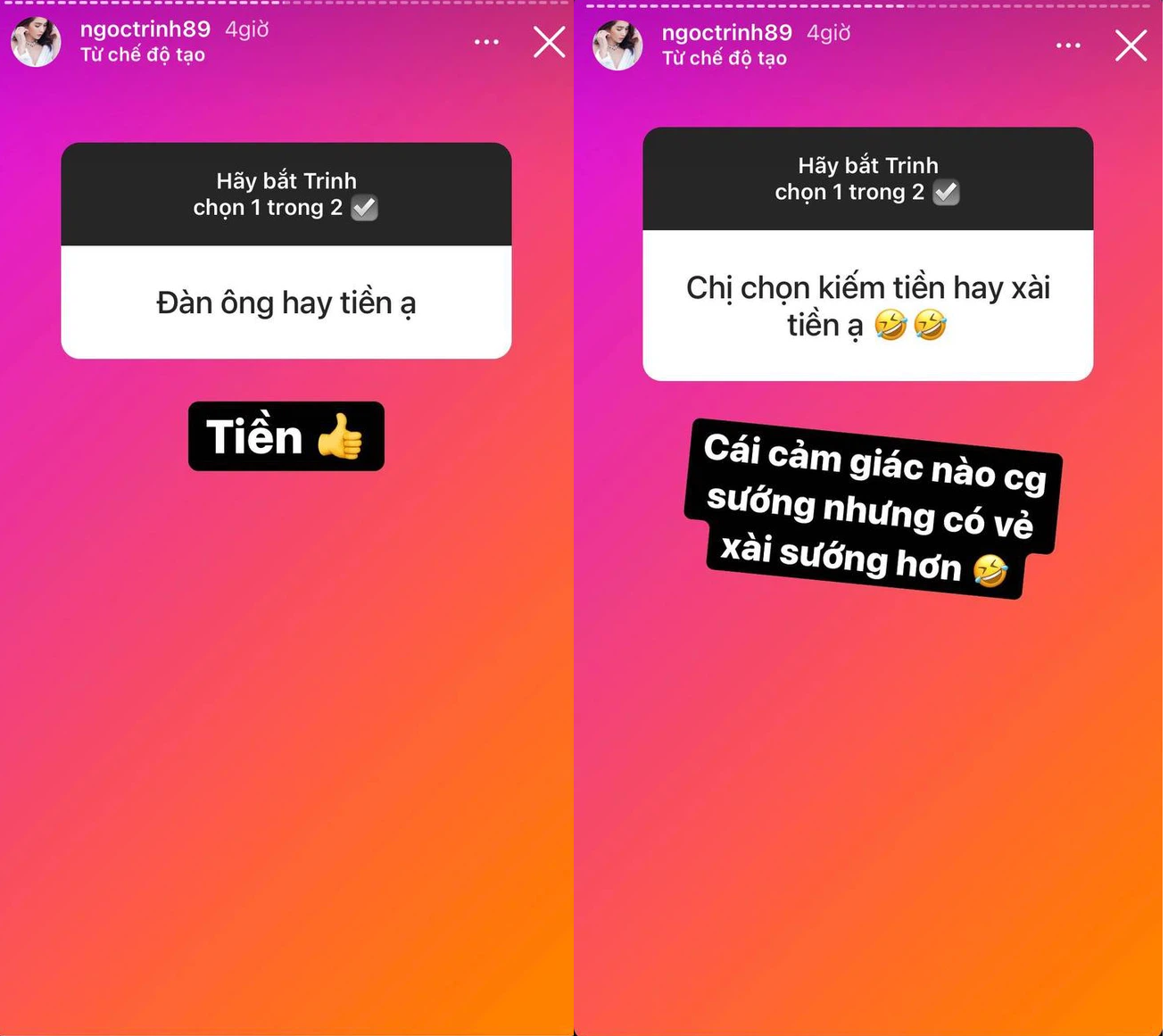 Ngọc Trinh hay có những phát ngôn liên quan đến tiền. Ảnh chụp màn hình