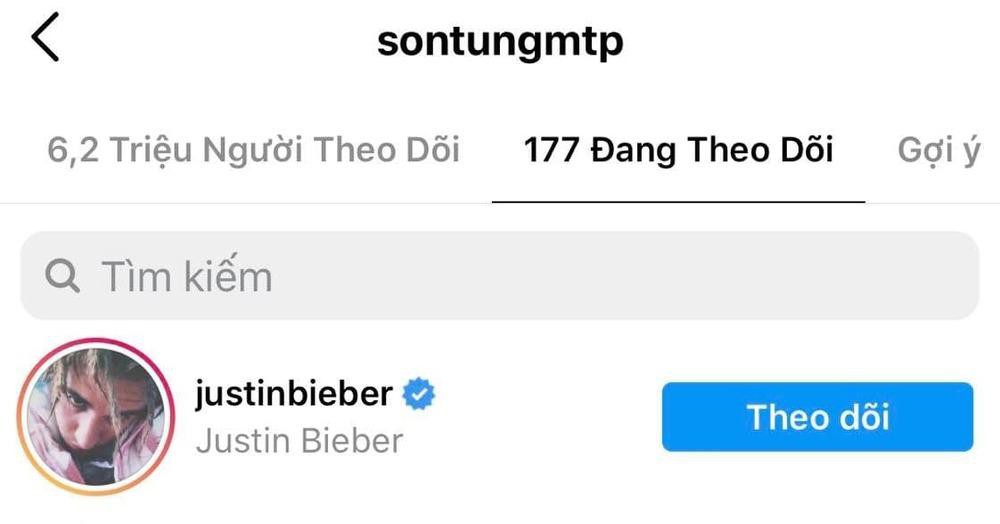 Sơn Tùng theo dõi Justin Bieber. Ảnh chụp màn hình