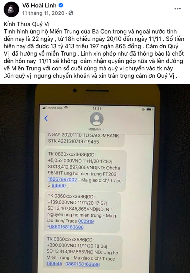 Hoài Linh nhận hơn 13 tỷ tiền từ thiện cho đồng bào miền Trung. Ảnh chụp màn hình Hoài Linh nhận hơn 13 tỷ tiền từ thiện cho đồng bào miền Trung. Ảnh chụp màn hình