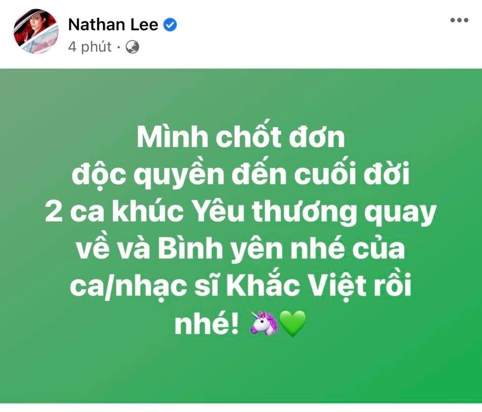 Nathan Lee tuyên bố mua độc quyền ca khúc từng là hit của Cao Thái Sơn do Khắc Việt sáng tác. Ảnh chụp màn hình