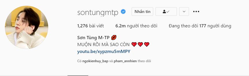 Trên mạng Instagram, Sơn Tùng có lượng theo dõi cao nhất. Ảnh chụp màn hình Trên mạng Instagram, Sơn Tùng có lượng theo dõi cao nhất. Ảnh chụp màn hình
