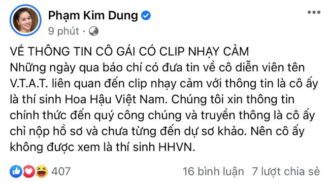 Bà Dung lên tiếng về việc A.T là thí sinh Hoa hậu Việt Nam. Ảnh chụp màn hình Bà Dung lên tiếng về việc A.T là thí sinh Hoa hậu Việt Nam. Ảnh chụp màn hình